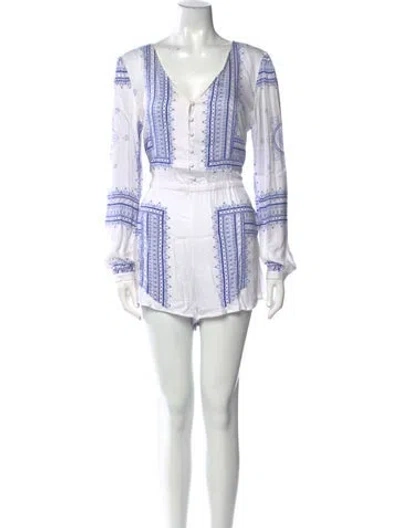 Pre-owned Jetset Printed V-neck Romper In White