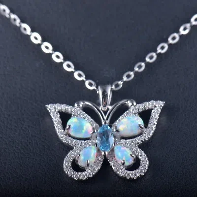 Pre-owned Jewe2004 Solid 14k White Gold Colorful Opal Butterfly Pendant Necklace With Chain 18 Inch