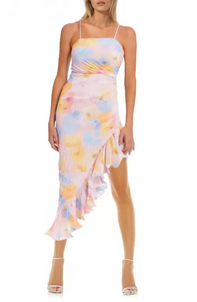Jewel Badgley Mischka Abstract Floral Pleated Asymmetric Hem Dress In Pink Multi