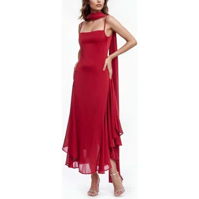 Jewel Badgley Mischka Asymmetri Chiffon Slipdress With Scarf In Red