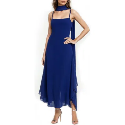Jewel Badgley Mischka Asymmetri Chiffon Slipdress With Scarf In Blue