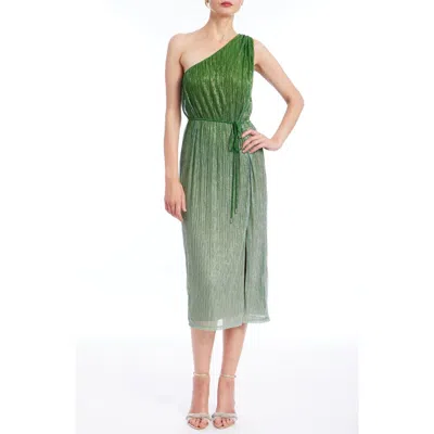 Jewel Badgley Mischka Belted One-shoulder Dress In Green Silver
