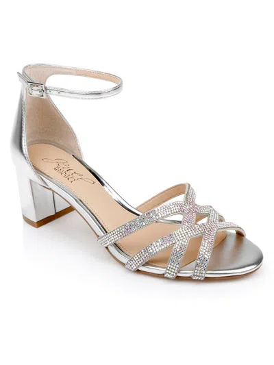 Jewel Badgley Mischka Dulce Womens Embellished Faux Leather Block Heel In Silver