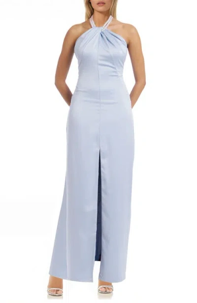 Jewel Badgley Mischka Faux Pearl Trim Halter Cocktail Dress In Sky
