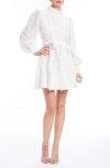 Jewel Badgley Mischka Floral Appliqué Long Sleeve Mini Cocktail Dress In White