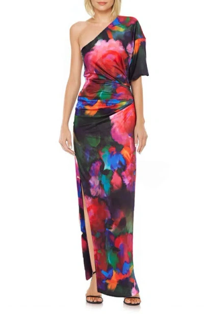 Jewel Badgley Mischka Floral One-shoulder Knit Sheath Gown In Red Multi