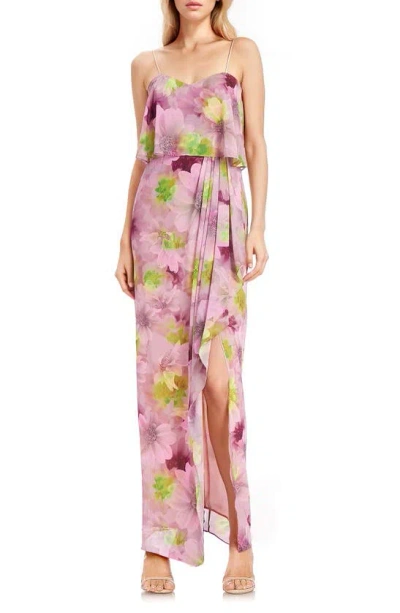 Jewel Badgley Mischka Floral Popover Strapless Gown In Pink Multi