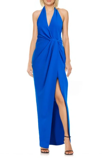 Jewel Badgley Mischka Front Slit Halter Gown In Cobalt