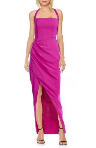 Jewel Badgley Mischka Halter Side Ruched Column Gown In Hot Pink