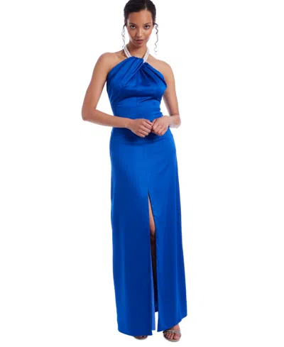 Jewel Badgley Mischka Jewel Badgley Mishka Women's Faux-pearl Halter Gown In Blue Violet