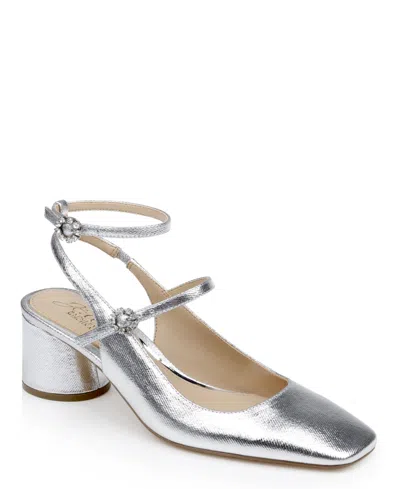 Jewel Badgley Mischka Keilani Maryjane Evening Pumps In Silver Metallic Fabric
