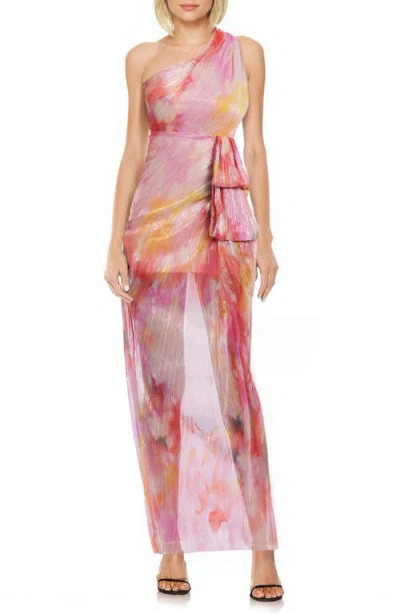 Jewel Badgley Mischka Metallic Abstract Print One-shoulder Gown In Pink Multi
