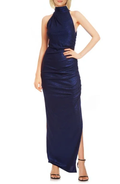 Jewel Badgley Mischka Metallic Sleeveless Column Gown In Navy