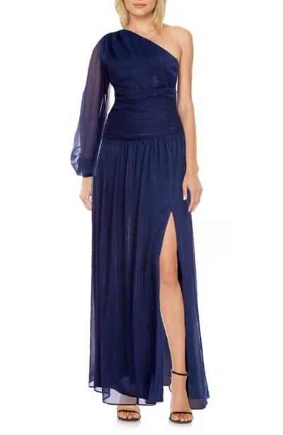 Jewel Badgley Mischka Metallic Thread One-shoulder Gown In Navy