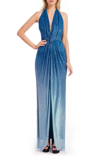 Jewel Badgley Mischka Metalllic Ombré Halter Neck Gown In Blue Multi