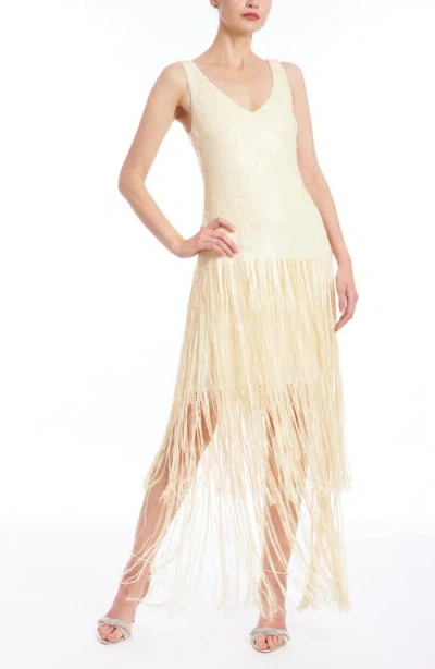 Jewel Badgley Mischka Mixed Media Fringe Skirt Cocktail Dress In Buttercream