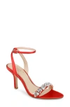 Jewel Badgley Mischka Ojai Crystal Ankle Strap Sandal In Red Satin