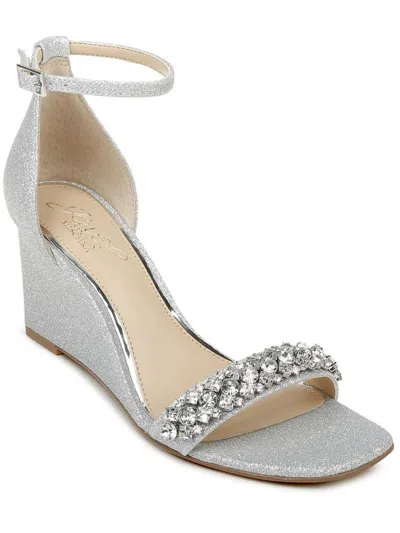 Jewel Badgley Mischka Peggy Womens Ankle Strap Square Toe Wedge Heels In Silver