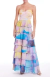 Jewel Badgley Mischka Pleated Cutout Gown In Blue Multi