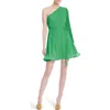 Jewel Badgley Mischka Pleated One-shoulder Single Long Sleeve Minidress In Green
