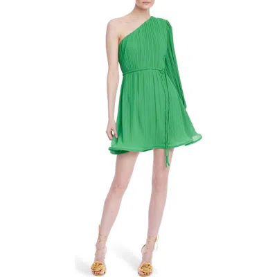 Jewel Badgley Mischka Pleated One-shoulder Single Long Sleeve Minidress In Green