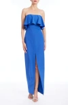 Jewel Badgley Mischka Ruffle Bodice Strapless Column Gown In Blue