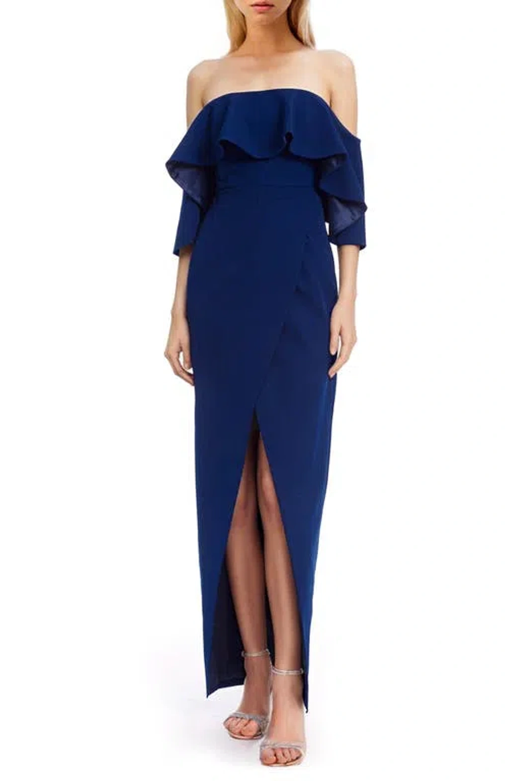 badgley mischka navy blue dress Badgley Mischka Women's Stretch-Crepe Cape-Sleeve Midi-Dress - Navy
