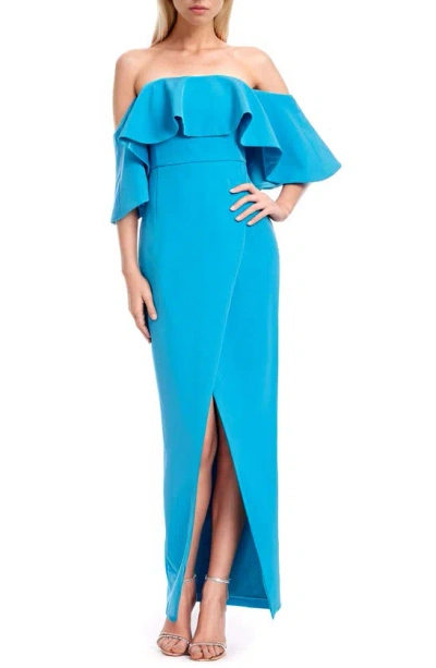 Jewel Badgley Mischka Ruffle Off The Shoulder Gown In Turquoise