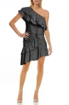 Jewel Badgley Mischka Ruffle One-shoulder Asymmetric Cocktail Minidress In Black