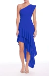 Jewel Badgley Mischka Ruffle One-shoulder Asymmetric Hem Cocktail Dress In Cobalt