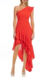 Jewel Badgley Mischka Ruffle One-shoulder Asymmetric Hem Cocktail Dress In Orange Coral