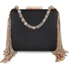 Jewel Badgley Mischka Ryker Leather Crystal Fringed Box Clutch In Black