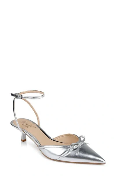 Jewel Badgley Mischka Talasia Ankle Strap Pointed Toe Kitten Heel Pump In Silver Metallic