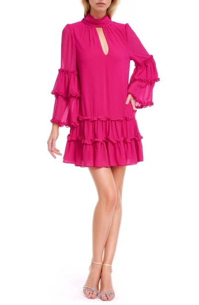 Jewel Badgley Mischka Tiered Ruffle Long Sleeve Keyhole Cutout Trapeze Dress In Pink