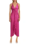 Jewel Badgley Mischka Twist Front Lace & Stretch Jersey Gown In Pink