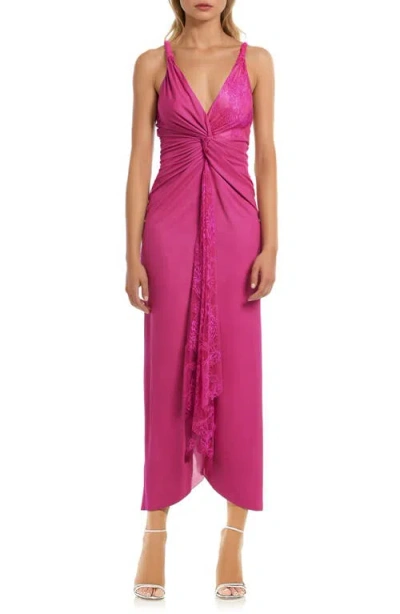 Jewel Badgley Mischka Twist Front Lace & Stretch Jersey Gown In Pink