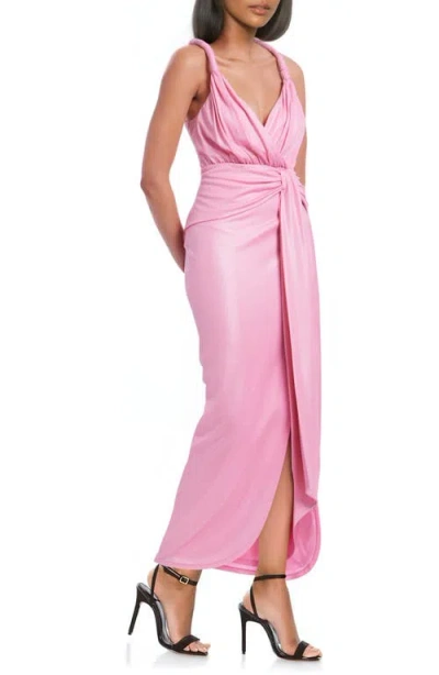 Jewel Badgley Mischka Twisted Shoulder Metallic Jersey Gown In Pink