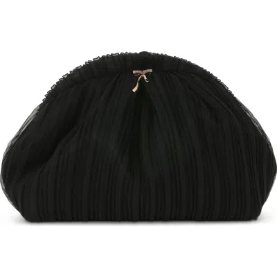 Jewel Badgley Mischka Vale Pleated Tulle And Satin Mini Pouch Clutch In Black