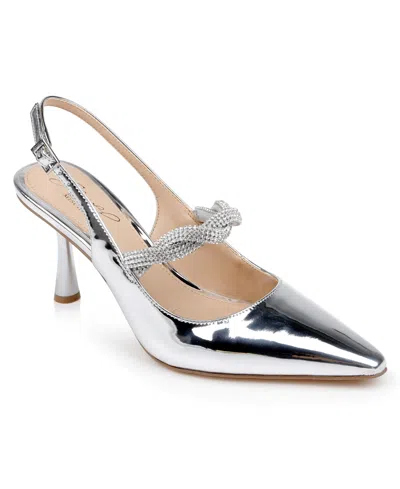 Jewel Badgley Mischka Tierneysildis` Womens Jeweled Manmade Slingback Heels In Silver Metallic