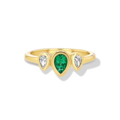 Jewelbird Women's Gold / Green Emerald And Diamond Pear Ring In Multi