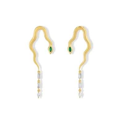 Jewelbird Women's Gold / Green Emerald And Diamond Snake Earrings In Gold/green