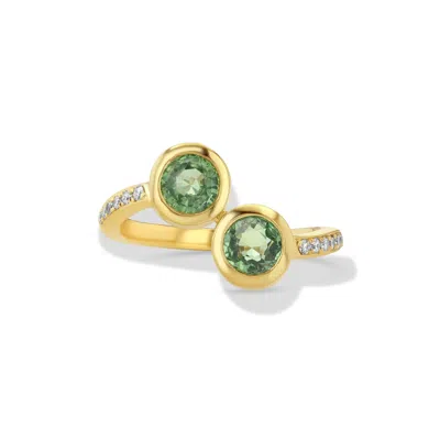 Jewelbird Women's Gold / Green Green Sapphire And Diamond Toi Et Moi Ring In Multi