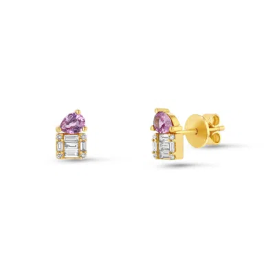 Jewelbird Women's Gold / Pink / Purple Diamond And Pink Sapphire Stud Earrings In Multi