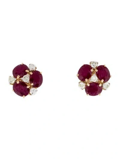 Pre-owned Jewelmak 14k 1.08ctw Glass Filled Ruby & Diamond Stud Earrings In Multi