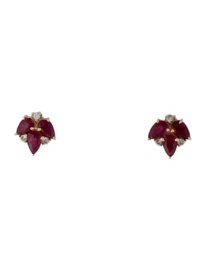 Pre-owned Jewelmak 14k 1.24ctw Ruby & Diamond Leaf Stud Earrings In Multi