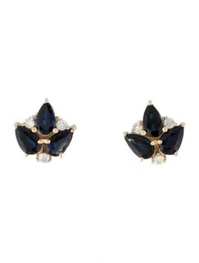 Pre-owned Jewelmak 14k 1.24ctw Sapphire & Diamond Leaf Stud Earrings In Multi
