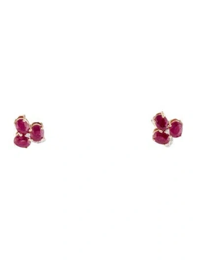 Pre-owned Jewelmak 14k 1.47ctw Glass-filled Ruby & Diamond Stud Earrings In Multi