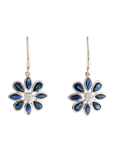 Pre-owned Jewelmak 14k 3.68ctw Sapphire & Diamond Flower Drop Earrings In Blue