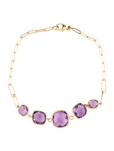 Pre-owned Jewelmak 14k Amethyst 5 Cushion Bezel Bracelet, 7.25" In Multi