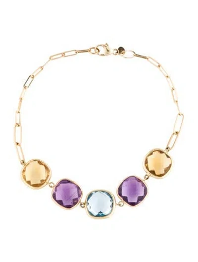Pre-owned Jewelmak 14k Amethyst, Citrine & Topaz Station Paperclip Bracelet W/ Tags, 7.25" In Multi